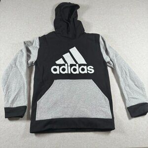 Adidas Youth L 14/16 Black Gray Colorblock Fleece Hoodie Big Logo Kangaroo